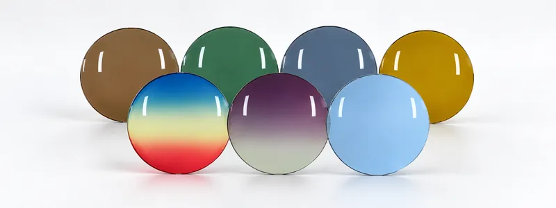 Sunglass lens samples in tinted and mirrored finishes