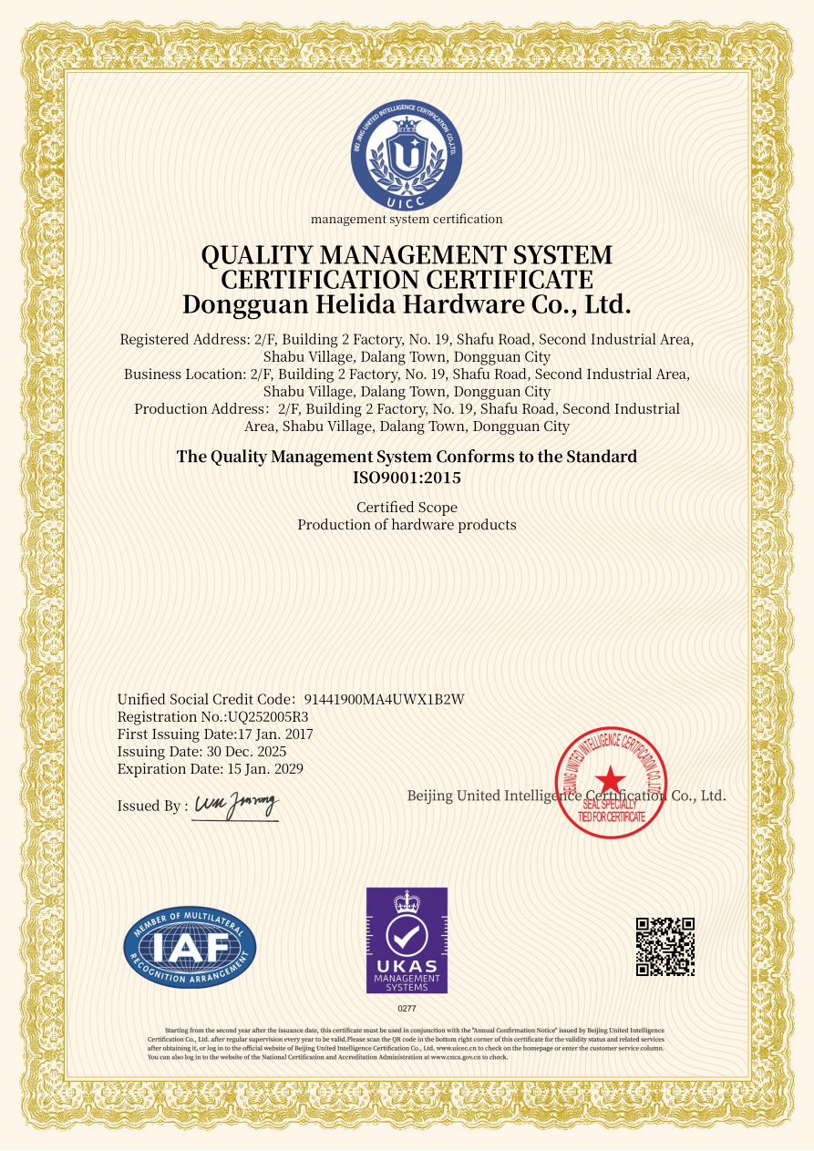 Company-supplied ISO 9001:2015 quality management system certificate.