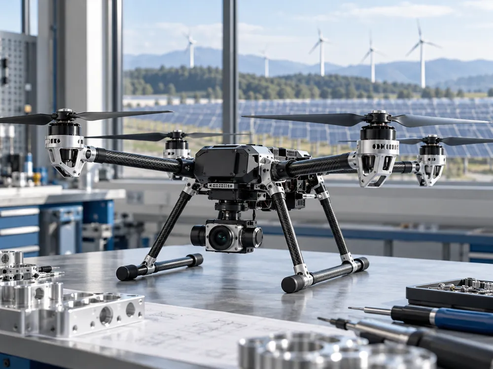 Industrial inspection drone, solar panels and wind turbines