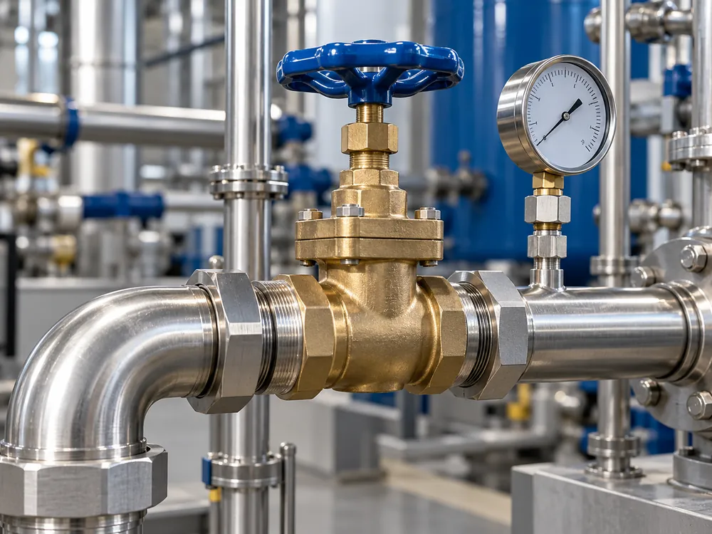 Industrial brass valve, blue handwheel, pipes and pressure gauge