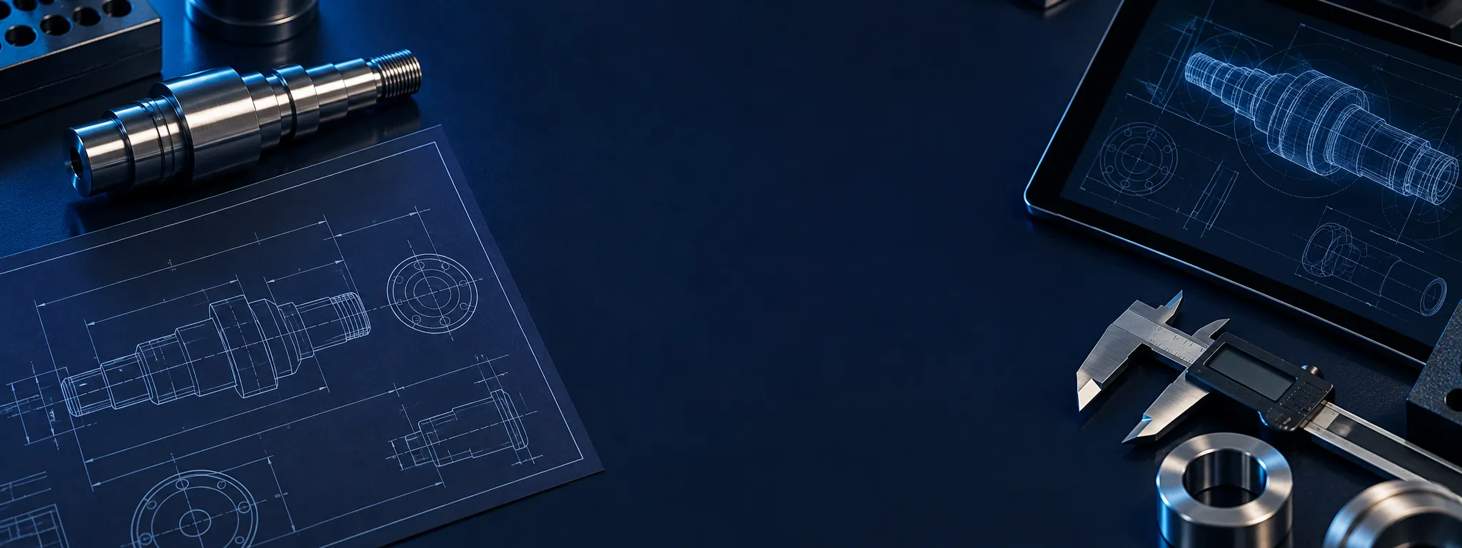 Illustrative technical drawings, measuring tool and engineering tablet