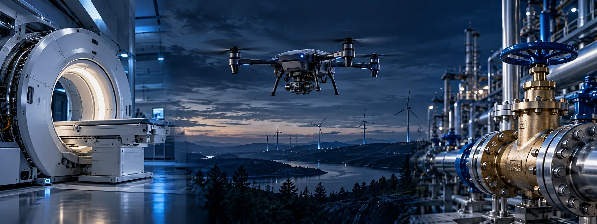 Illustrative medical equipment, industrial drone, energy and fluid control panorama