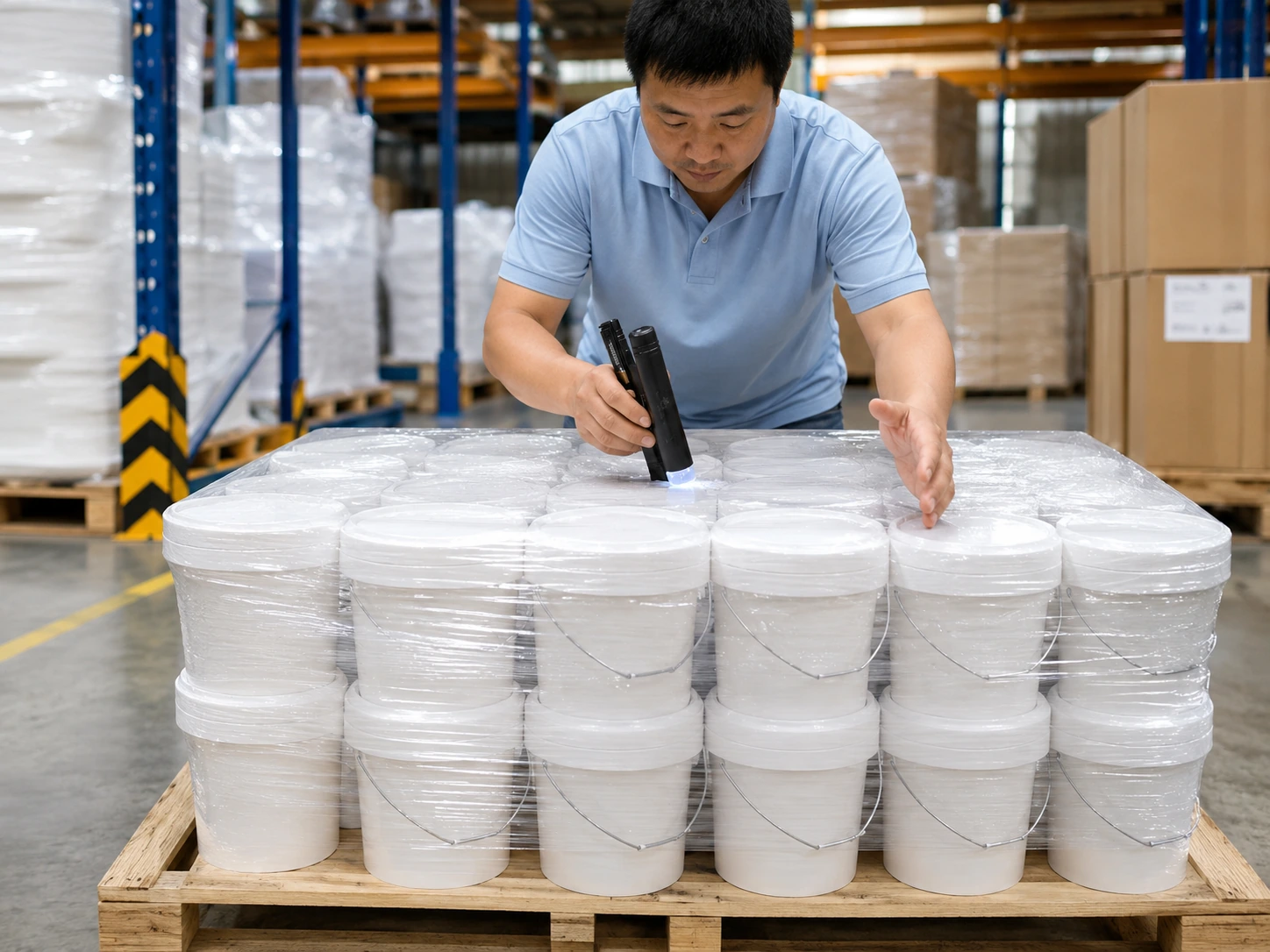 Packed floor product containers receiving a visual quality check