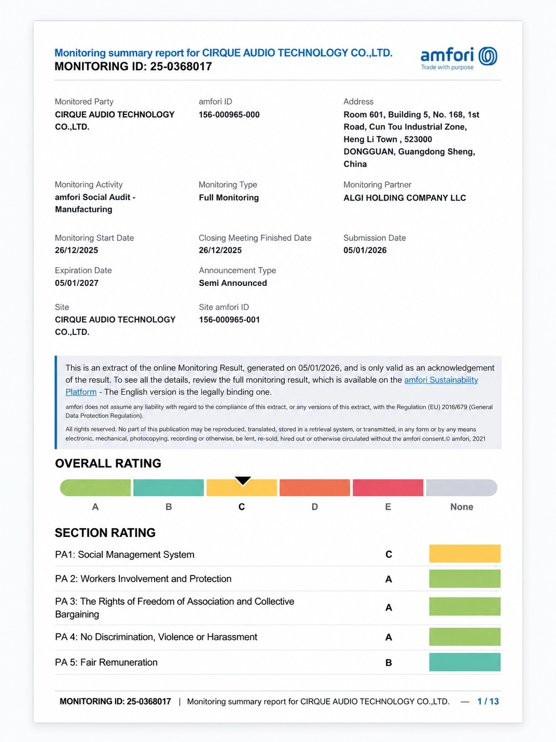 amfori Social Audit document supplied by Cirque Audio
