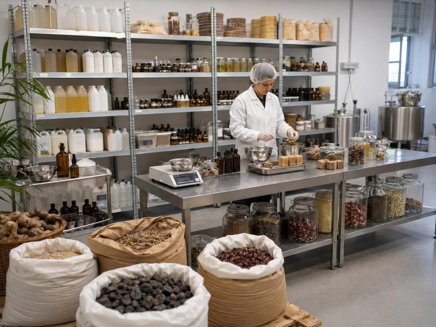 A technician working at a stainless steel bench with bottles of raw materials and ingredients