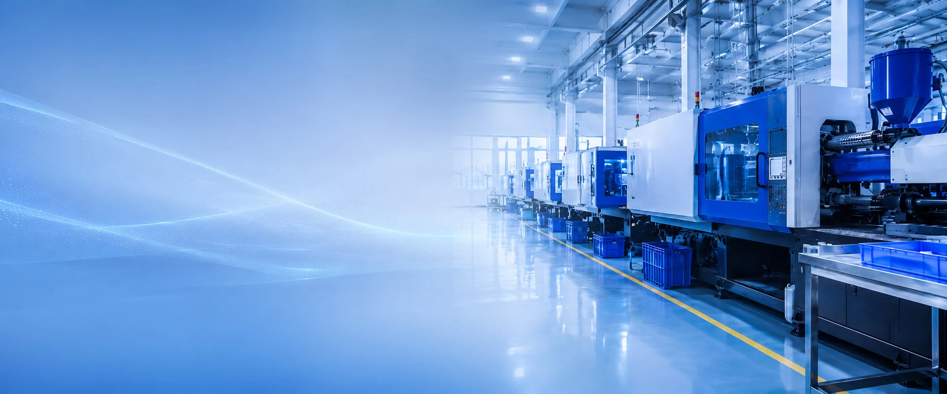 Injection-molded plastic components under quality inspection and finishing at a manufacturing facility