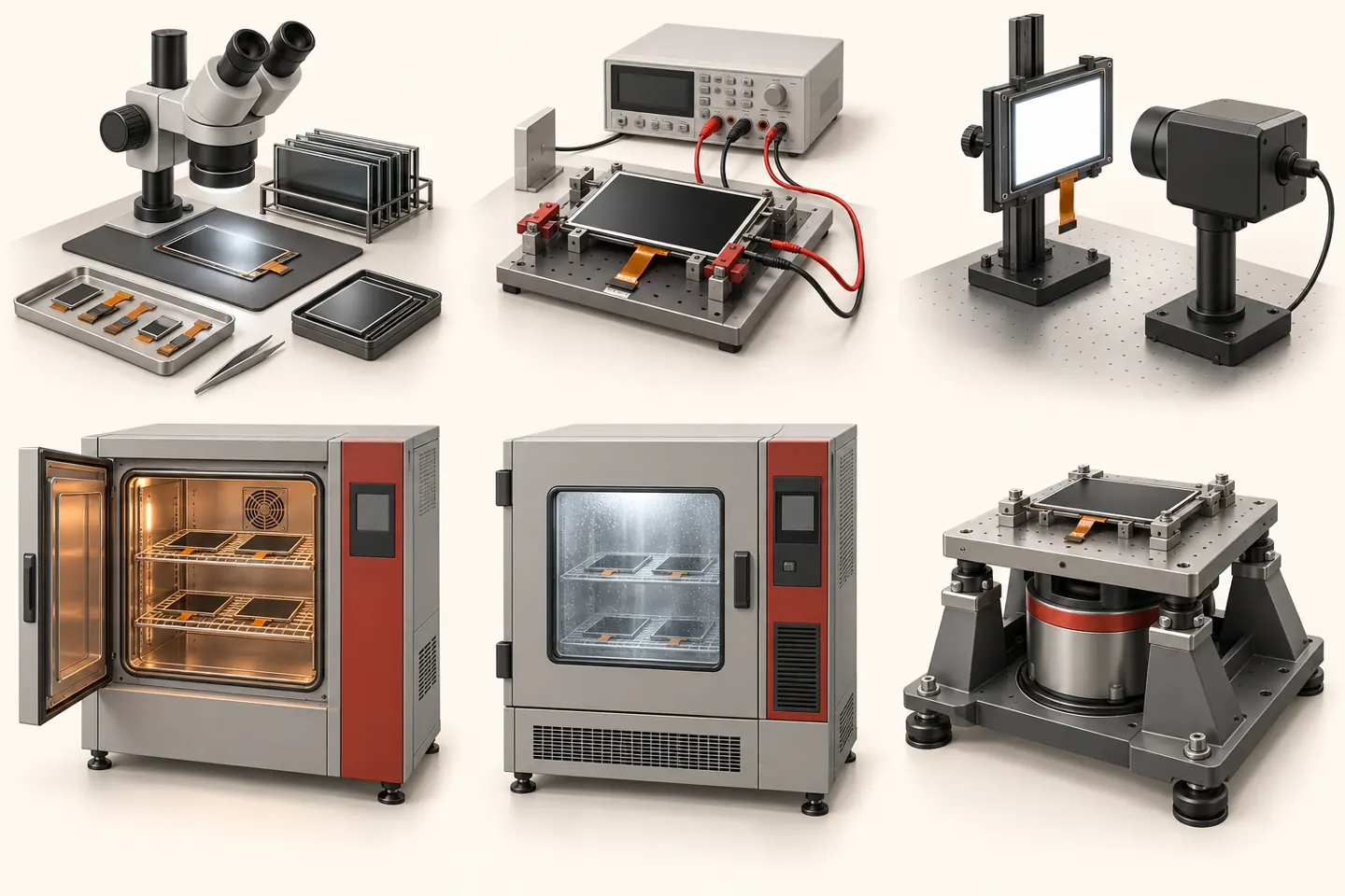 Illustration of incoming inspection, electrical and optical testing, aging, humidity and vibration testing.