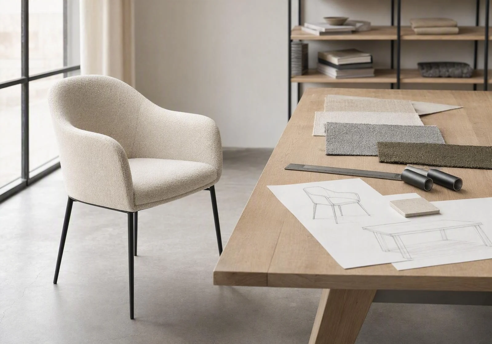 Illustrative furniture design workspace with an upholstered chair, fabric swatches and furniture sketches
