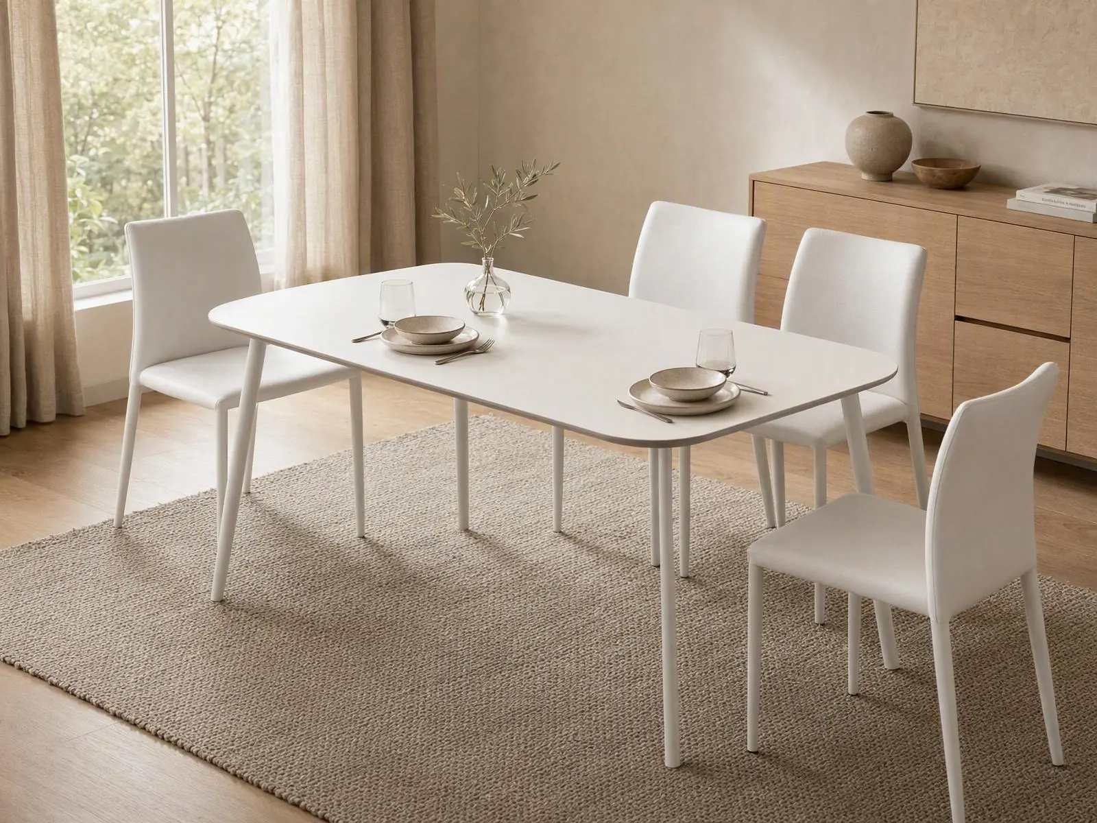 White rounded rectangular dining table and matching chairs in a warm modern dining room — RENOJU