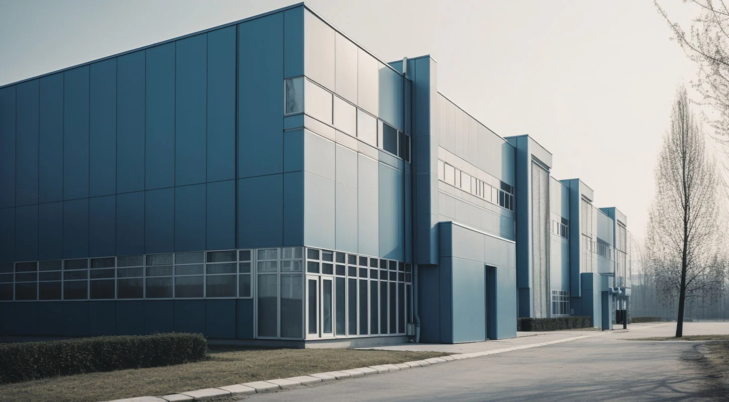 Blue and white industrial building exterior