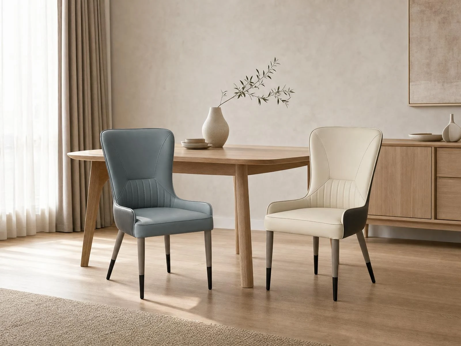Blue-gray and ivory upholstered dining chairs in a warm modern dining room — RENOJU