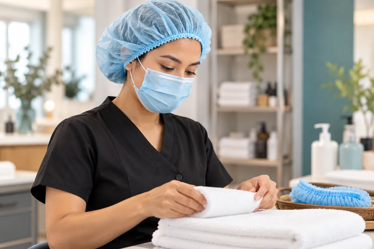 Personal-care attendant wearing a blue nonwoven cap and pleated mask