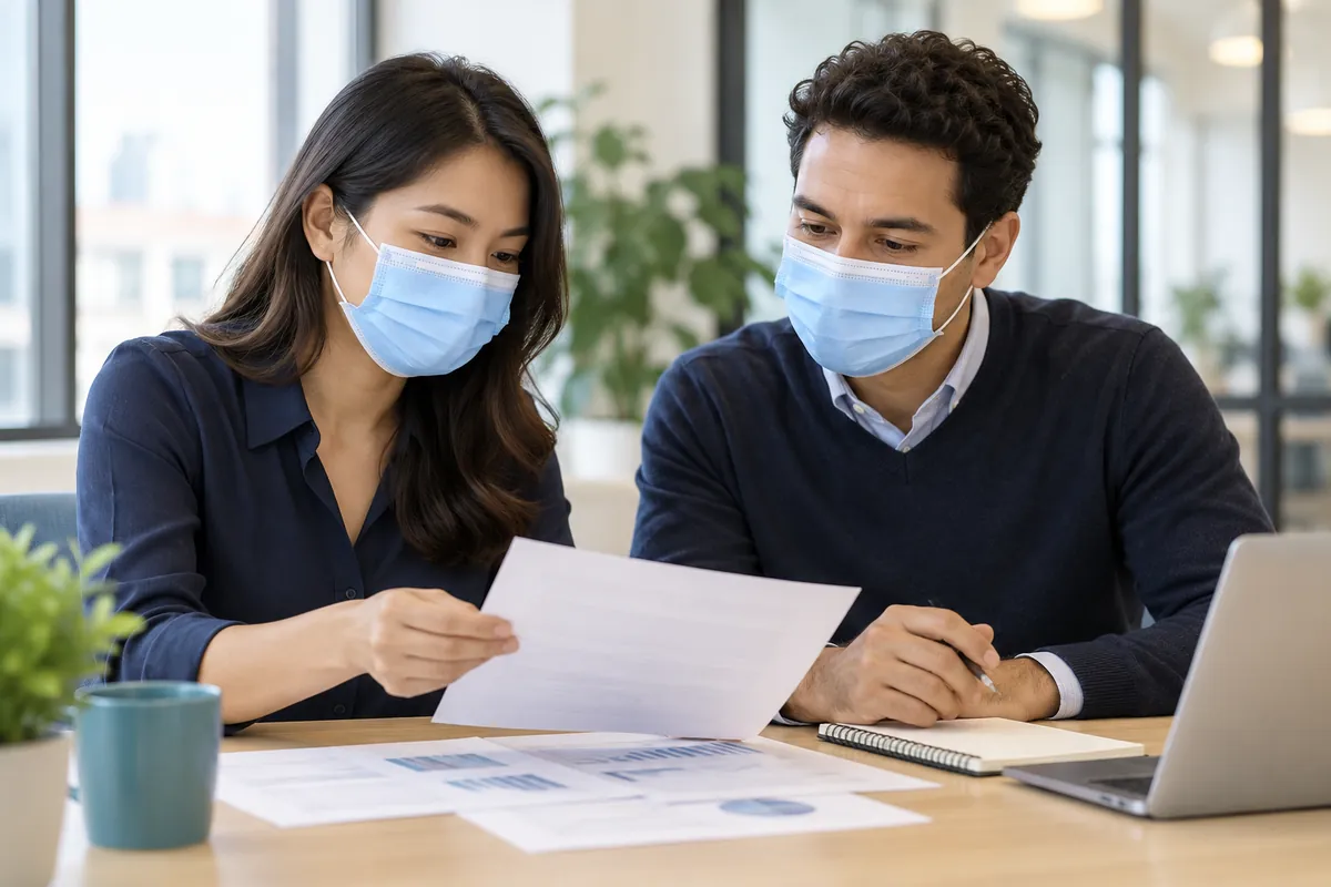 Colleagues wearing blue pleated masks while reviewing papers in an office