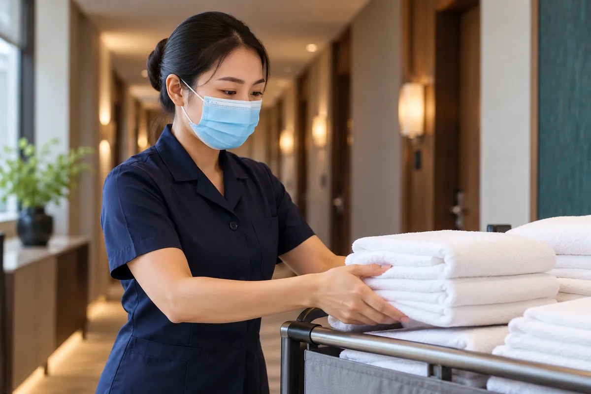 Hotel service attendant wearing a blue pleated mask beside folded towels