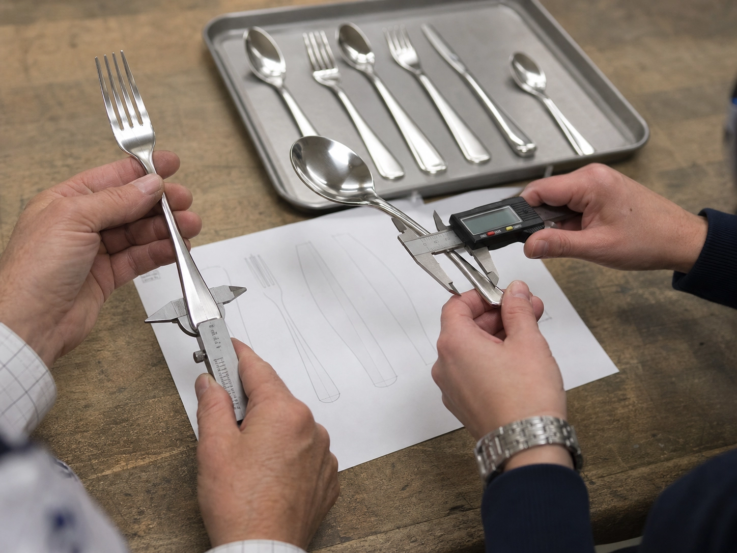 OEM flatware development team measuring stainless steel samples