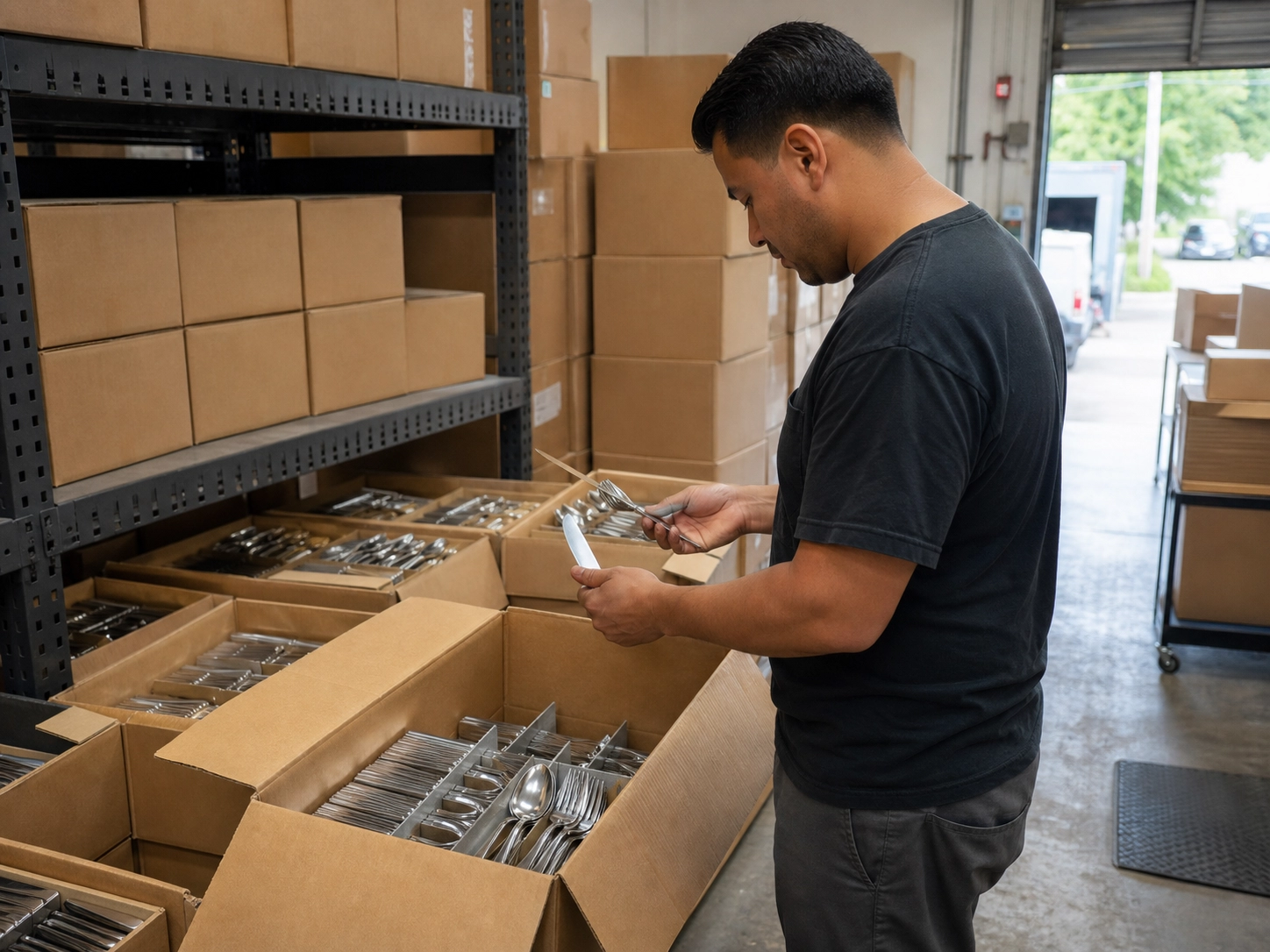 Wholesale distributor checking stainless steel flatware cartons in a warehouse