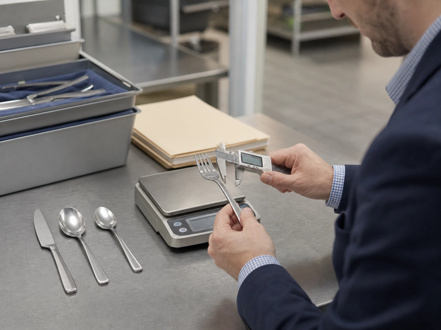 Hospitality buyer measuring a stainless steel fork sample with calipers