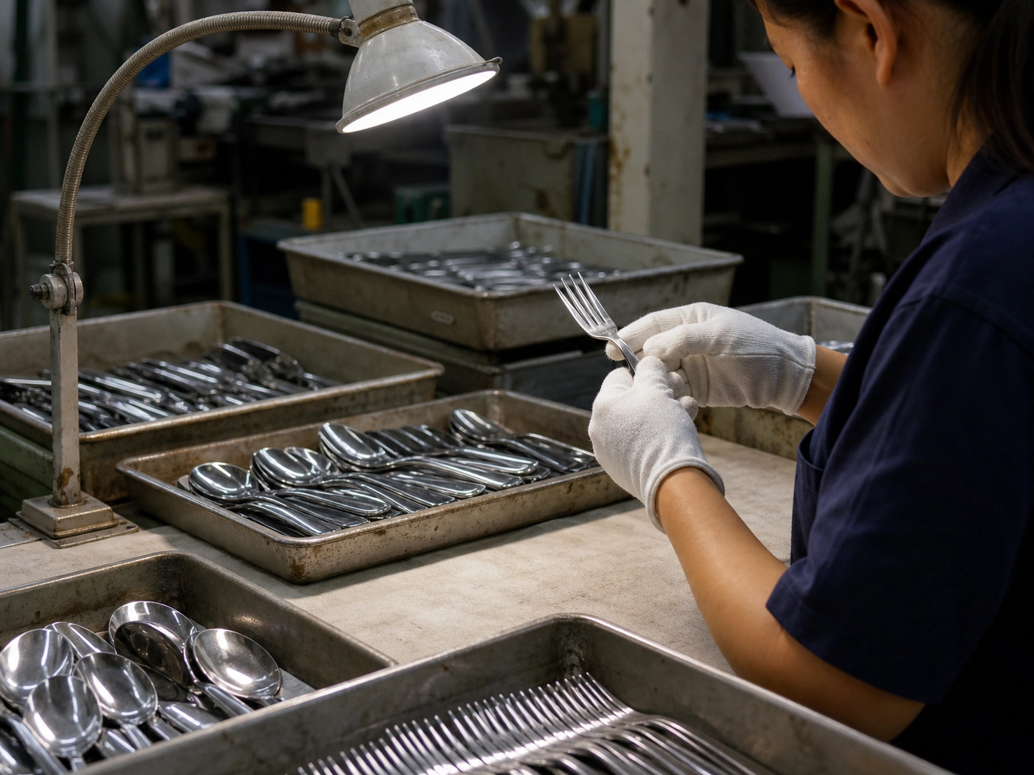Factory worker inspecting stainless steel flatware during production