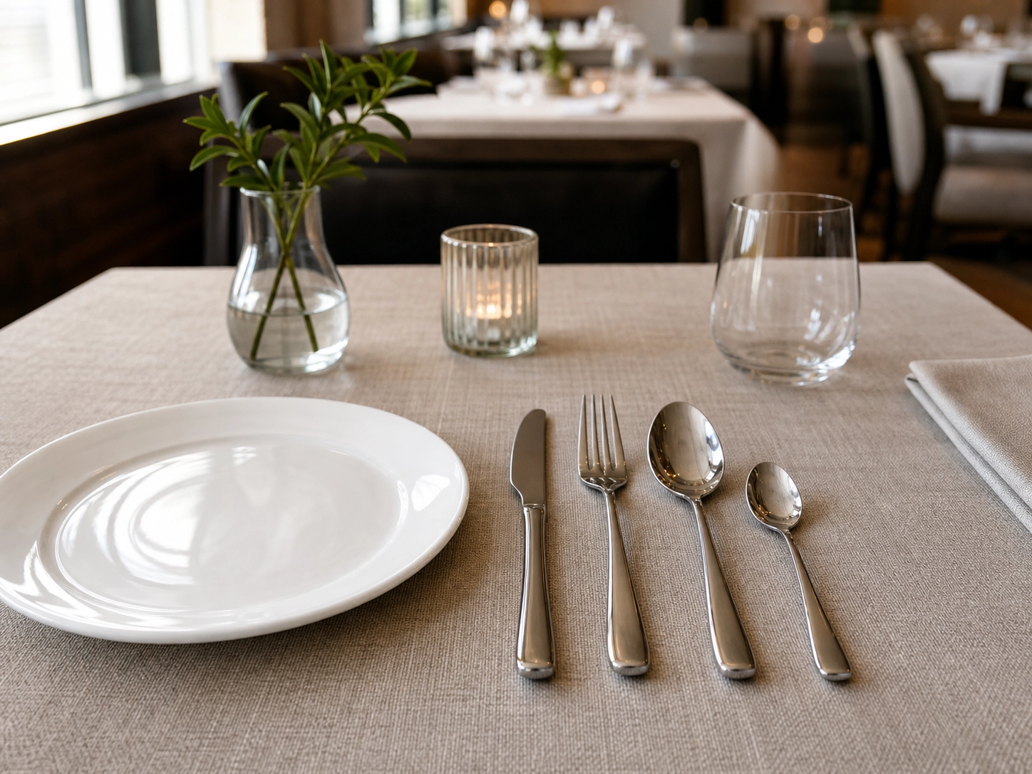 Four-piece stainless steel flatware setting in a hotel restaurant