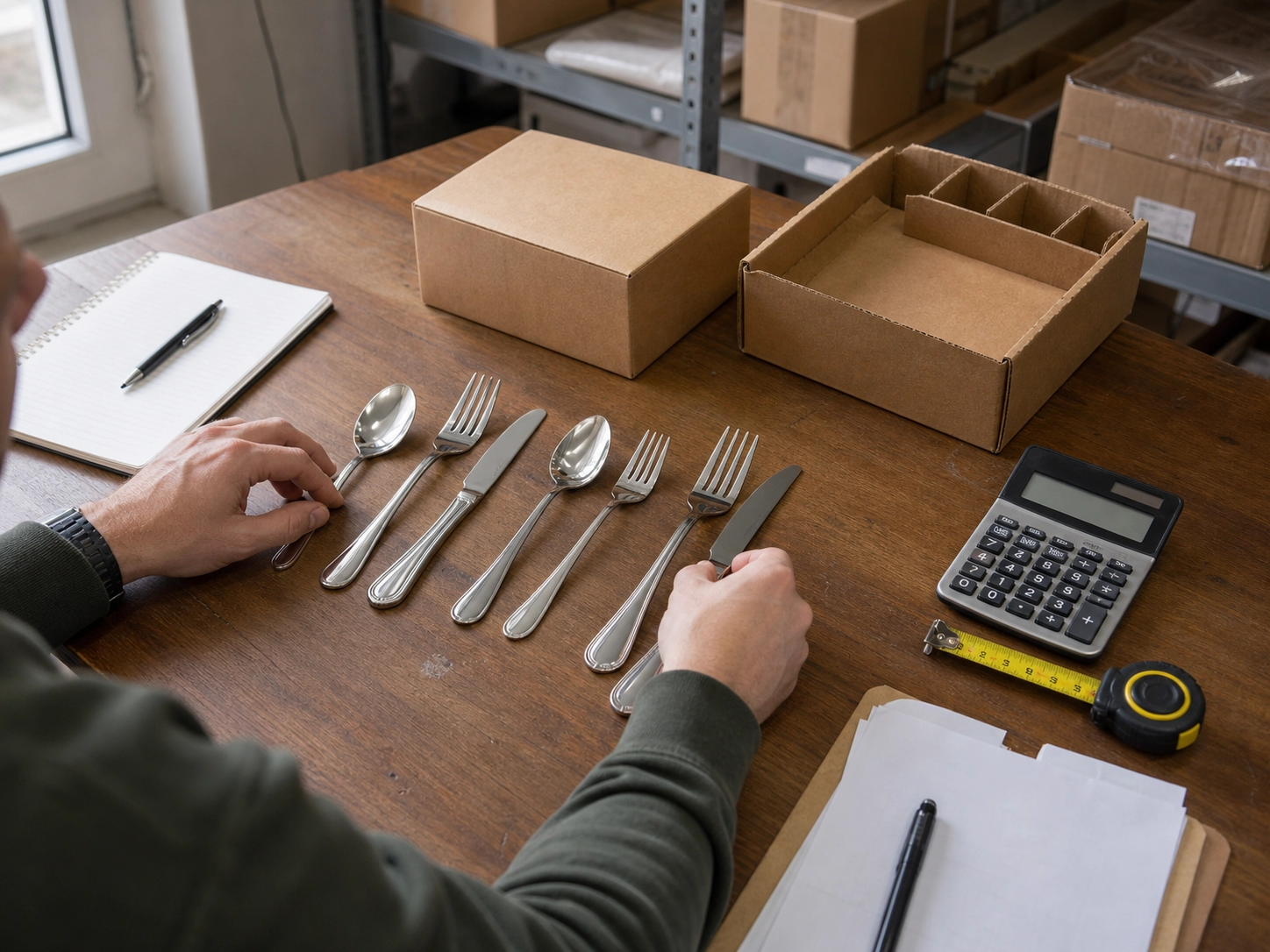 Wholesale buyer comparing flatware samples and packaging options