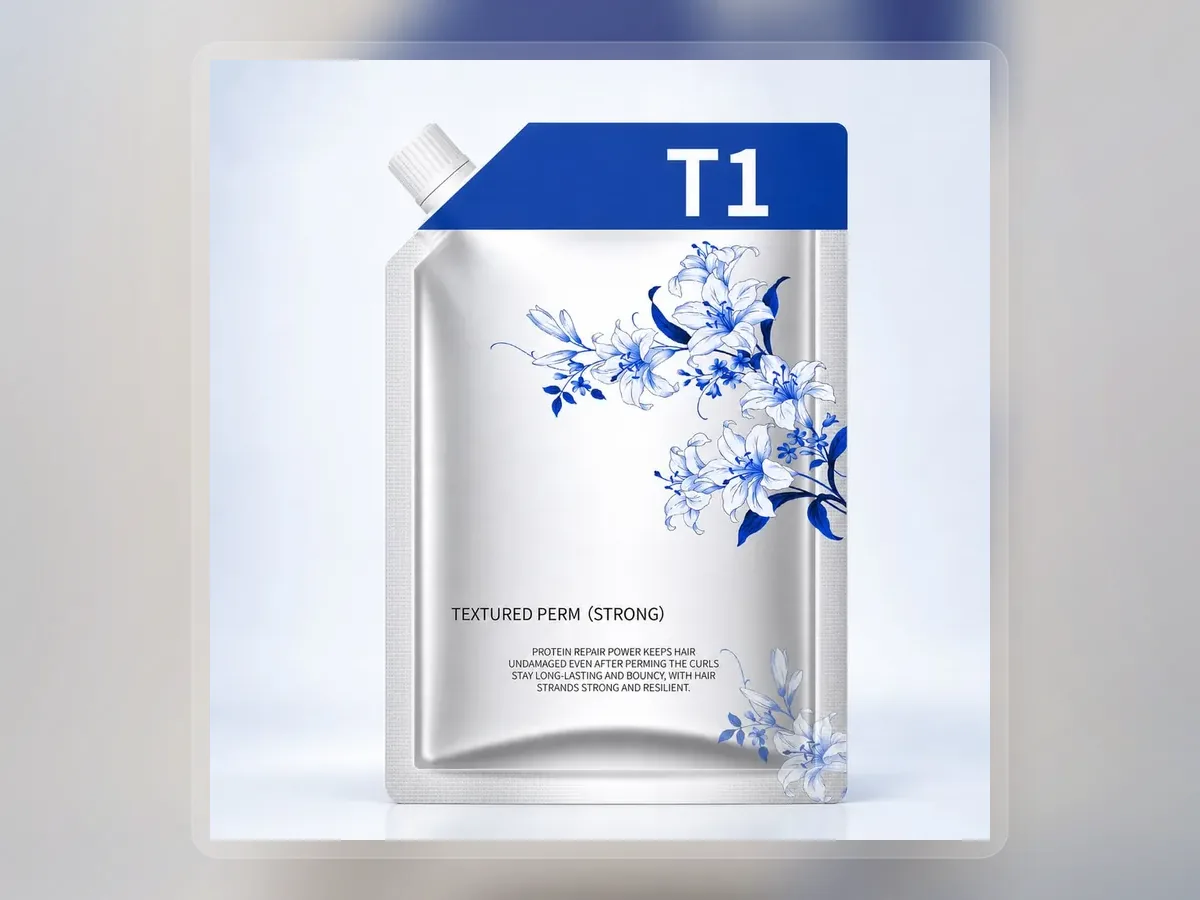 Blue floral botanical protein perm cream refill pouch on premium extended background