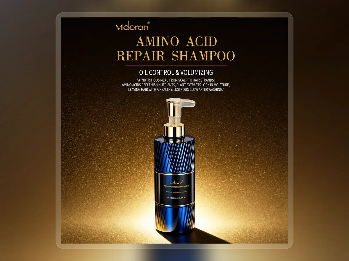 Dark scalp care shampoo bottle against gold presentation background on premium extended background