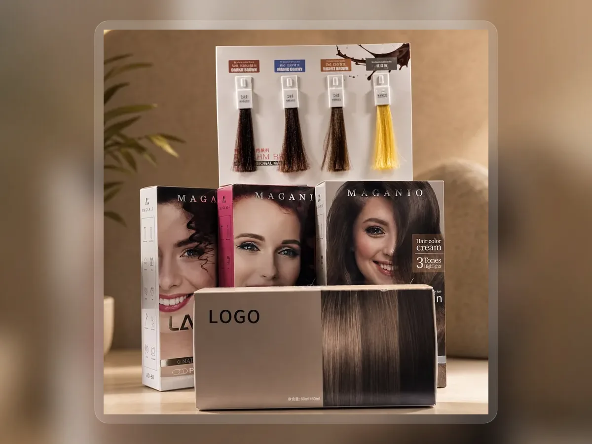 Home hair dye cartons displayed with color reference panel on premium extended background