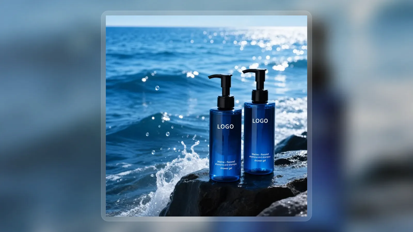 Dark blue keratin treatment pump bottles beside ocean water in wide presentation layout