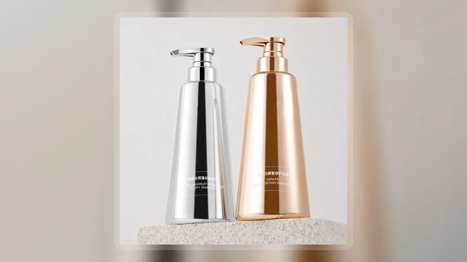 Silver and copper botanical shampoo pump bottles in wide presentation layout