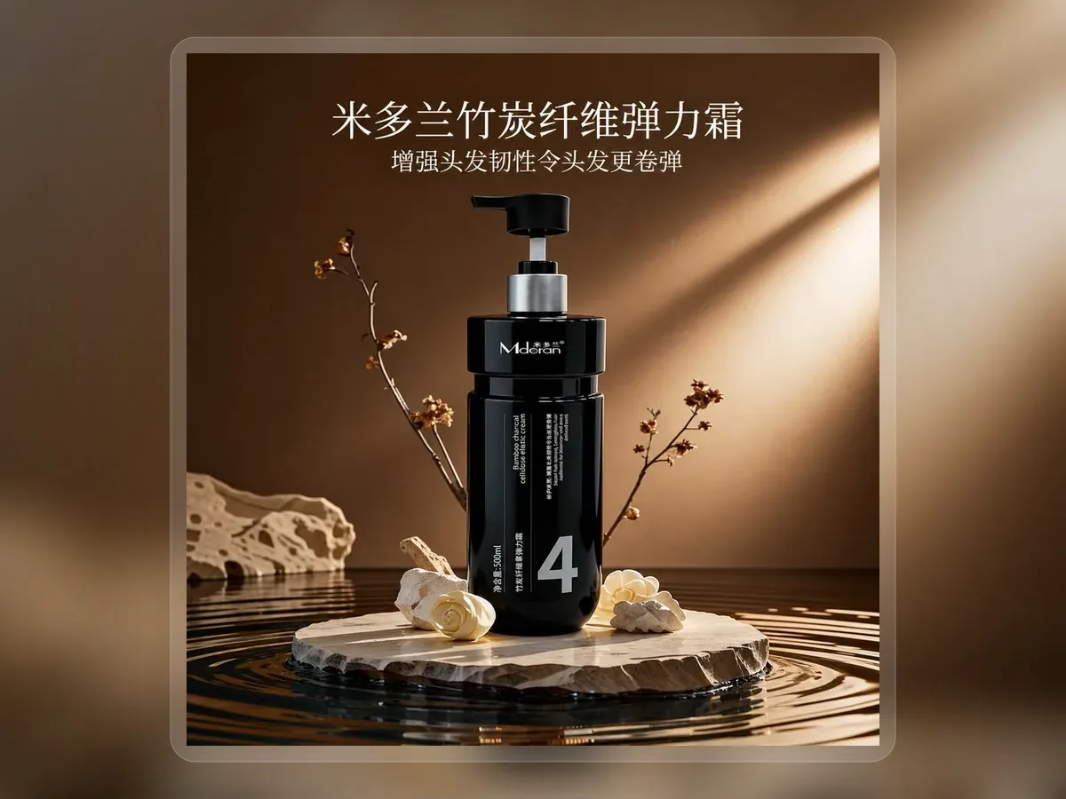 Black curl defining perm cream pump bottle on luxury pedestal on premium extended background