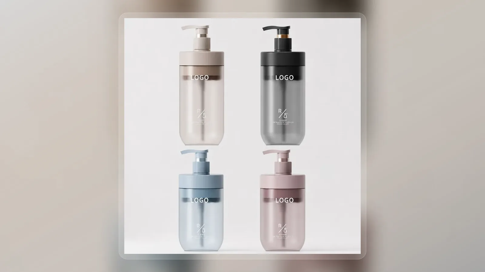 Neutral niacinamide body wash pump bottles in four colors in wide presentation layout