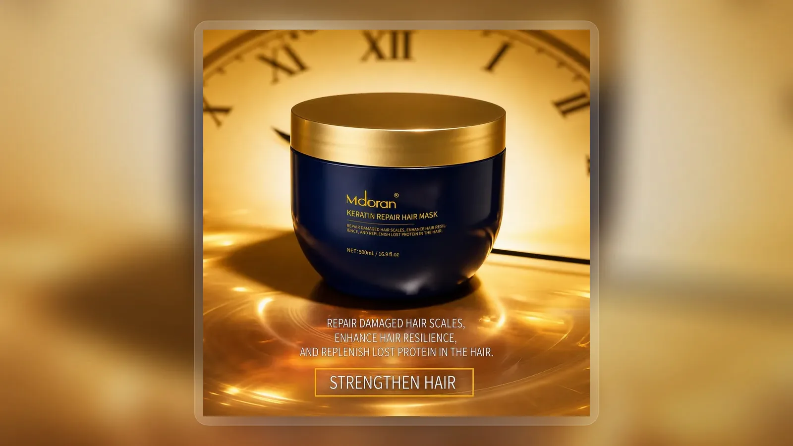 Navy keratin repair hair mask jar with gold lid in wide presentation layout