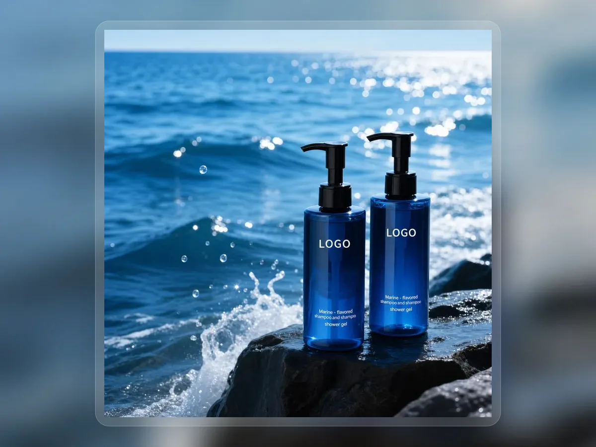 Dark blue keratin treatment pump bottles beside ocean water on premium extended background