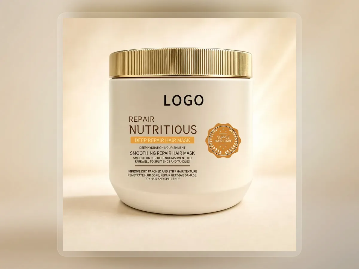 Cream smoothing hair mask jar with metallic ribbed lid on premium extended background