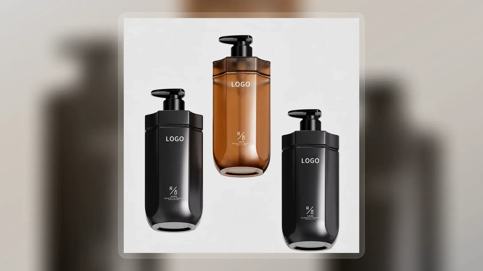 Black and amber soothing body wash pump bottles in wide presentation layout