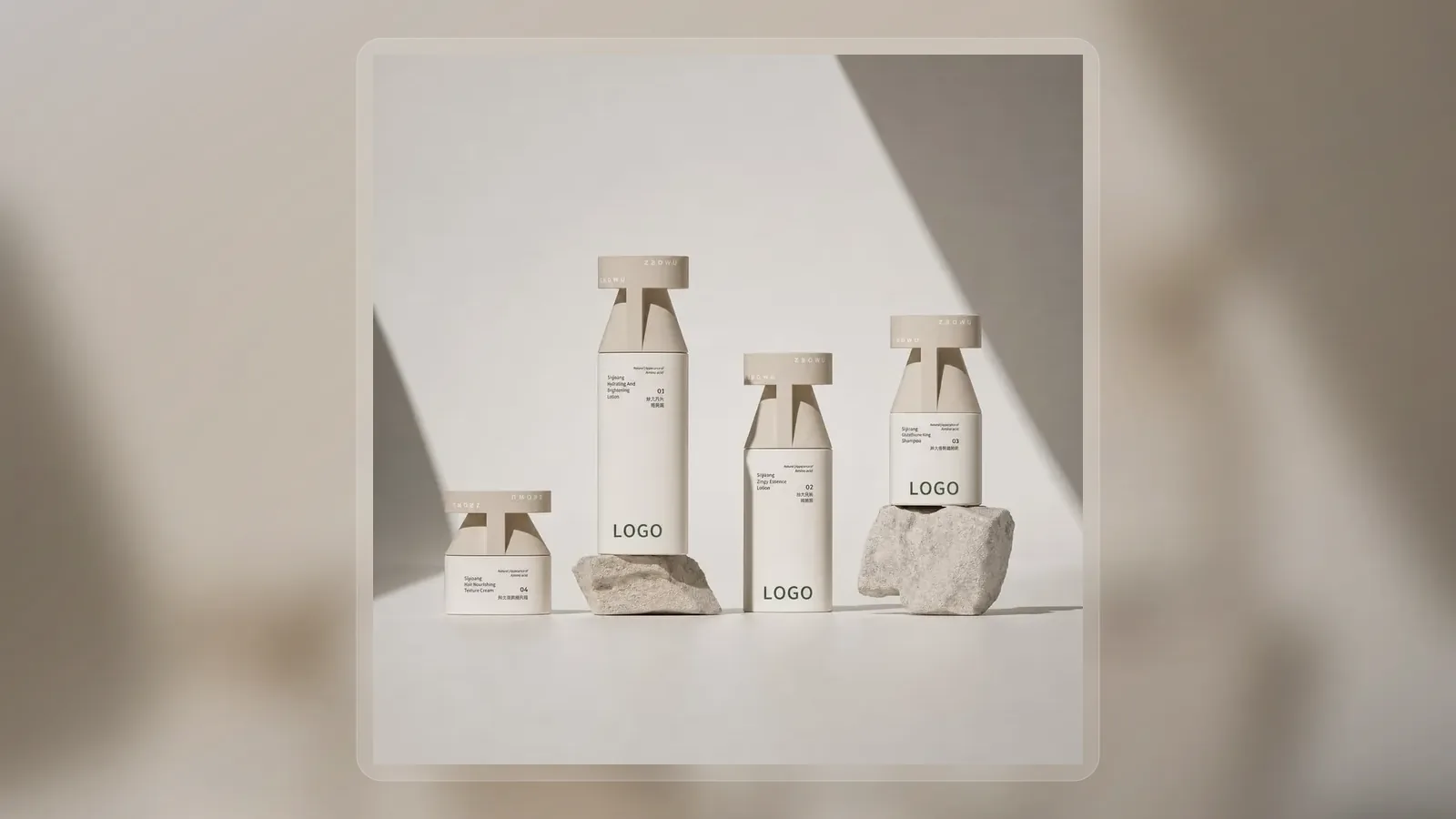 Clear amino acid shampoo pump bottles in multiple sizes in wide presentation layout