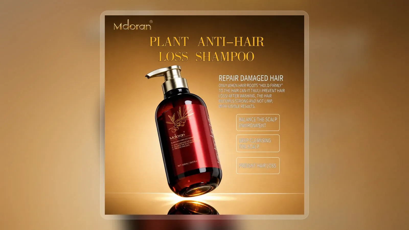 Red botanical oil control shampoo pump bottle on dark background in wide presentation layout