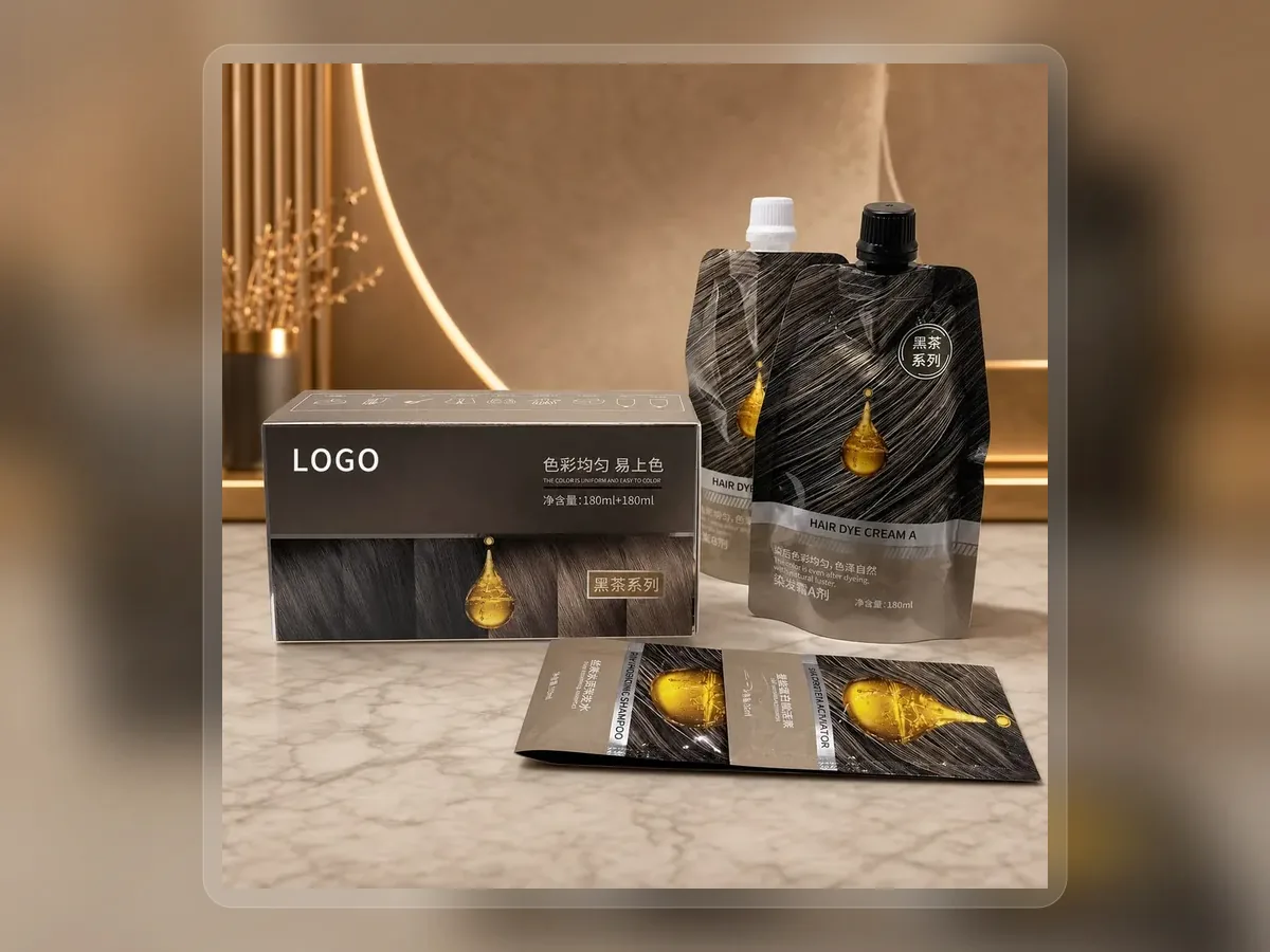 Professional hair color cream pouches beside black carton on premium extended background