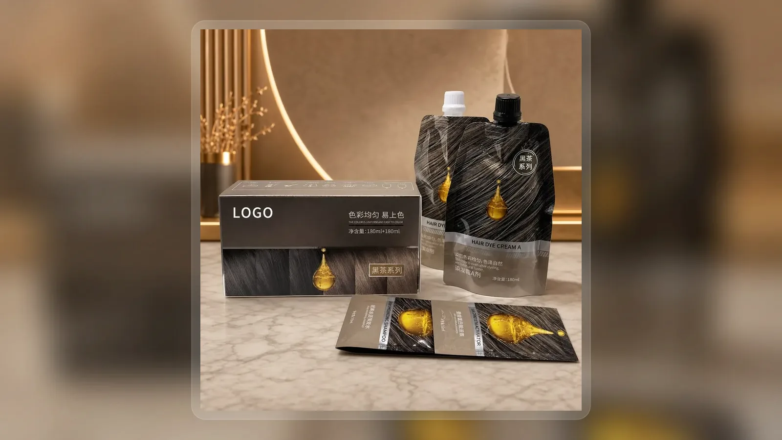 Professional hair color cream pouches beside black carton in wide presentation layout