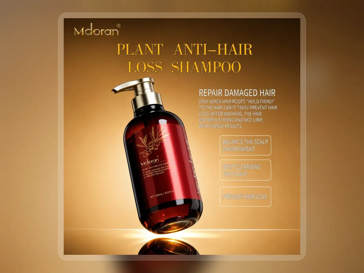 Red botanical oil control shampoo pump bottle on dark background on premium extended background