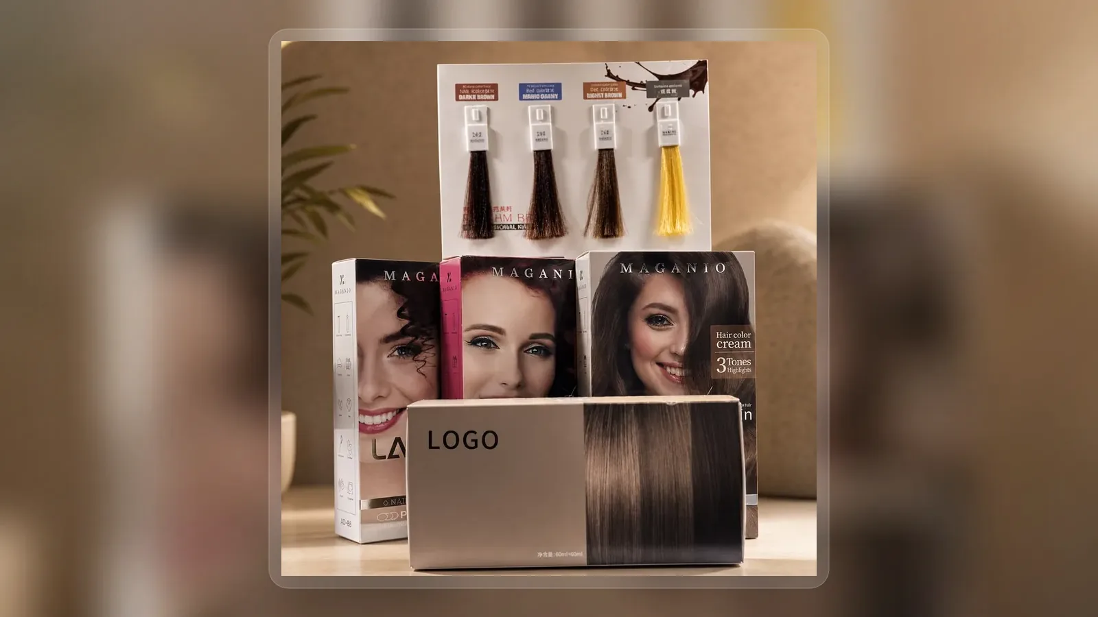 Home hair dye cartons displayed with color reference panel in wide presentation layout