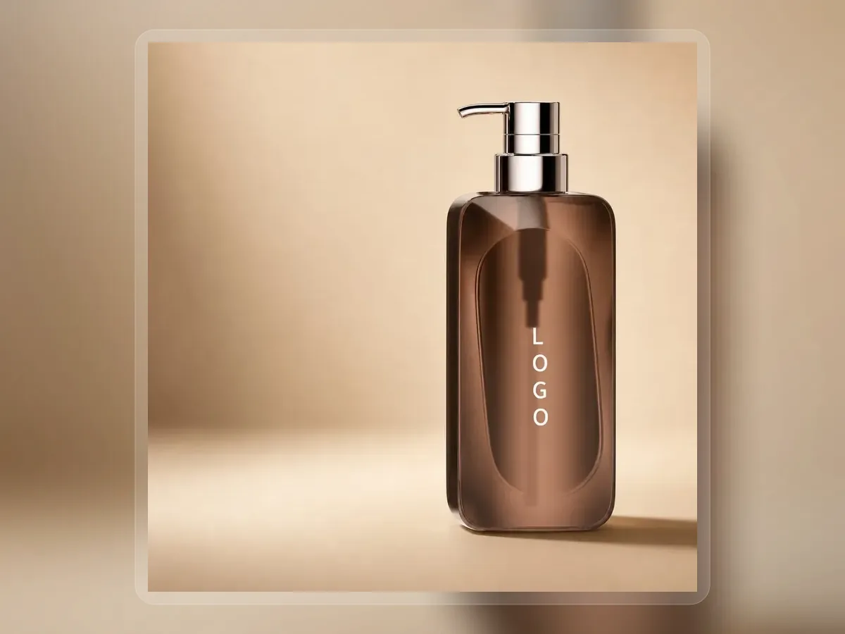 Amber silky hydrating shampoo bottle with metallic pump on premium extended background
