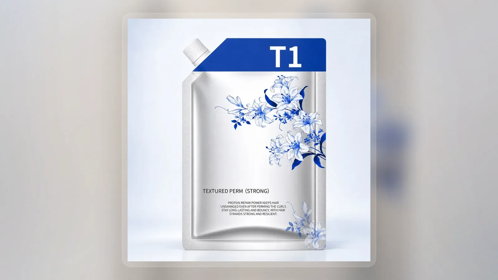 Blue floral botanical protein perm cream refill pouch in wide presentation layout