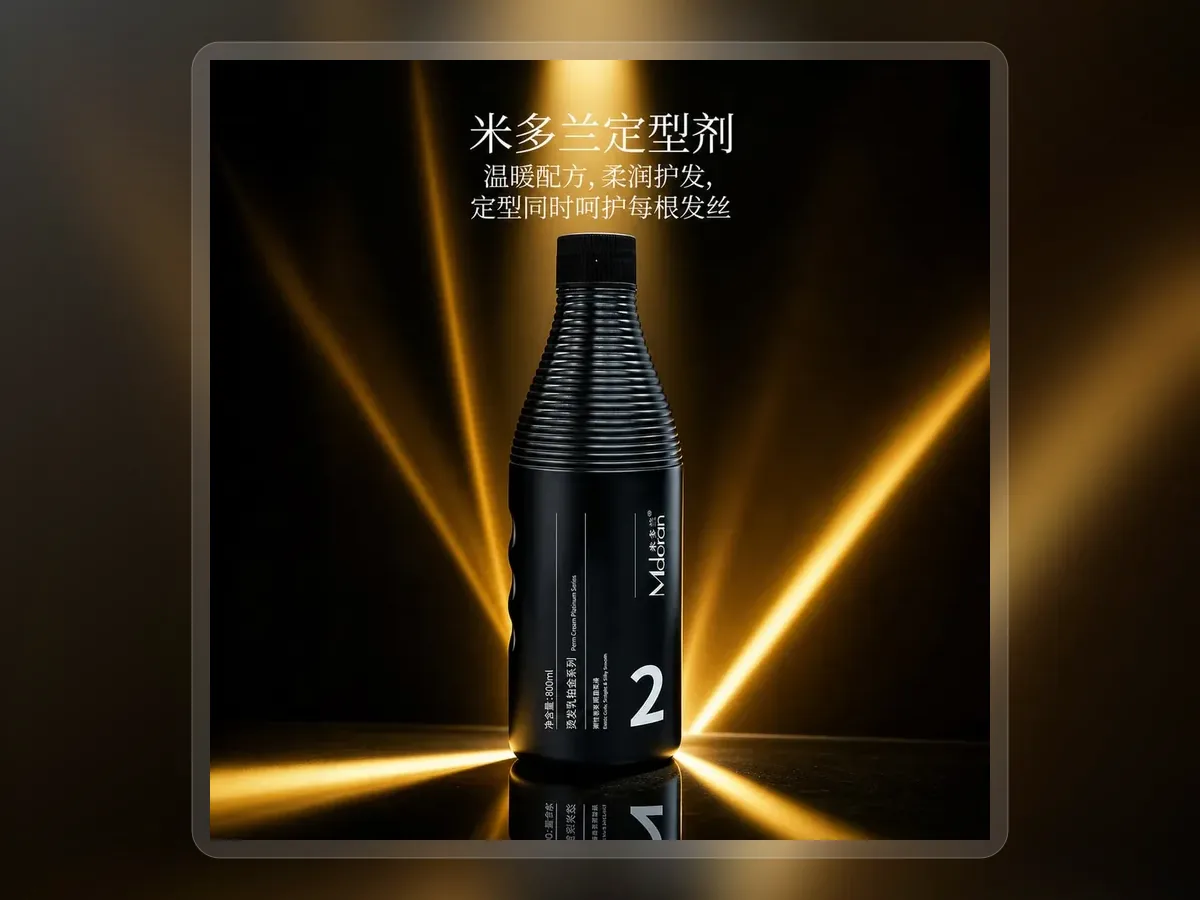 Textured black perm cream bottle against gold light on premium extended background