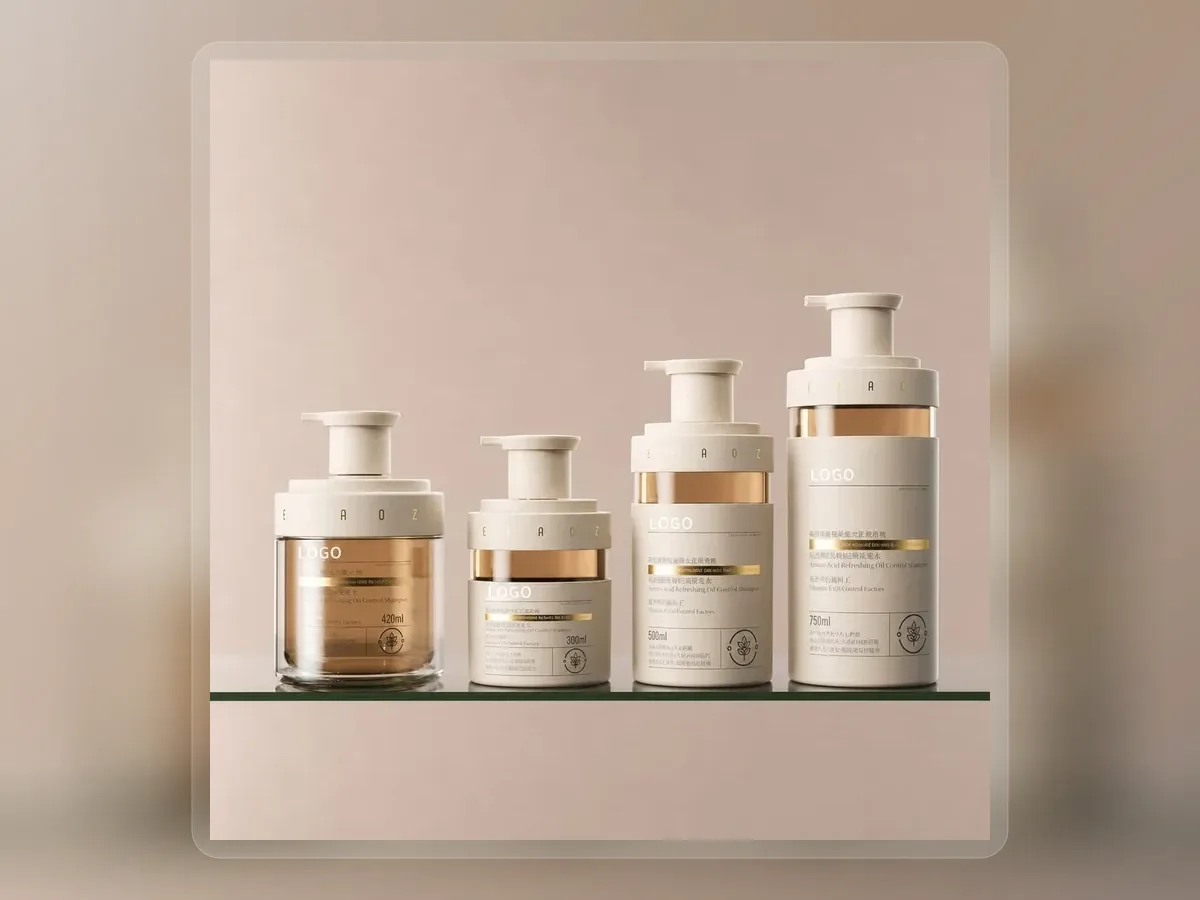 Cream and amber gentle body wash pump bottle collection on premium extended background