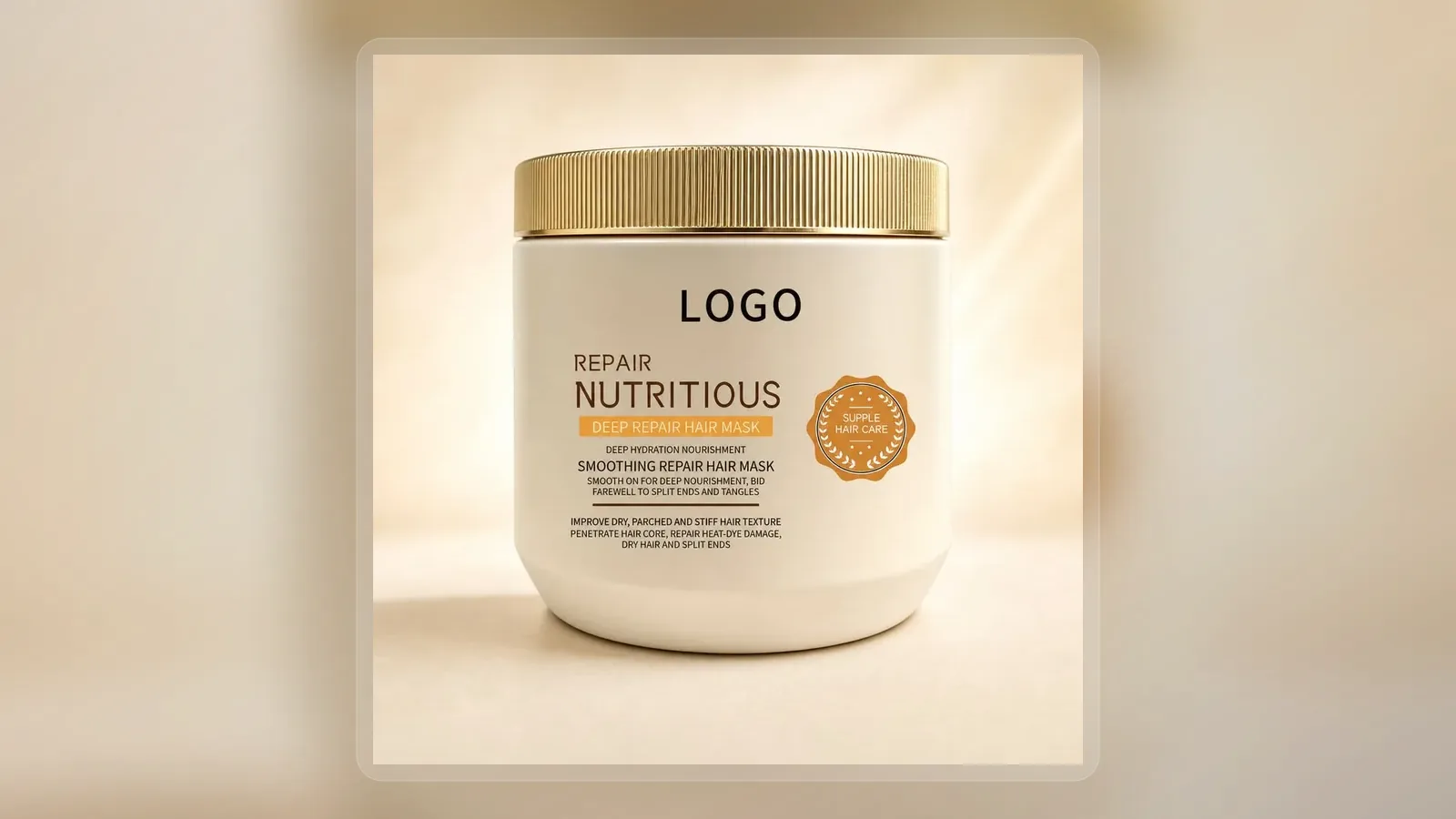Cream smoothing hair mask jar with metallic ribbed lid in wide presentation layout