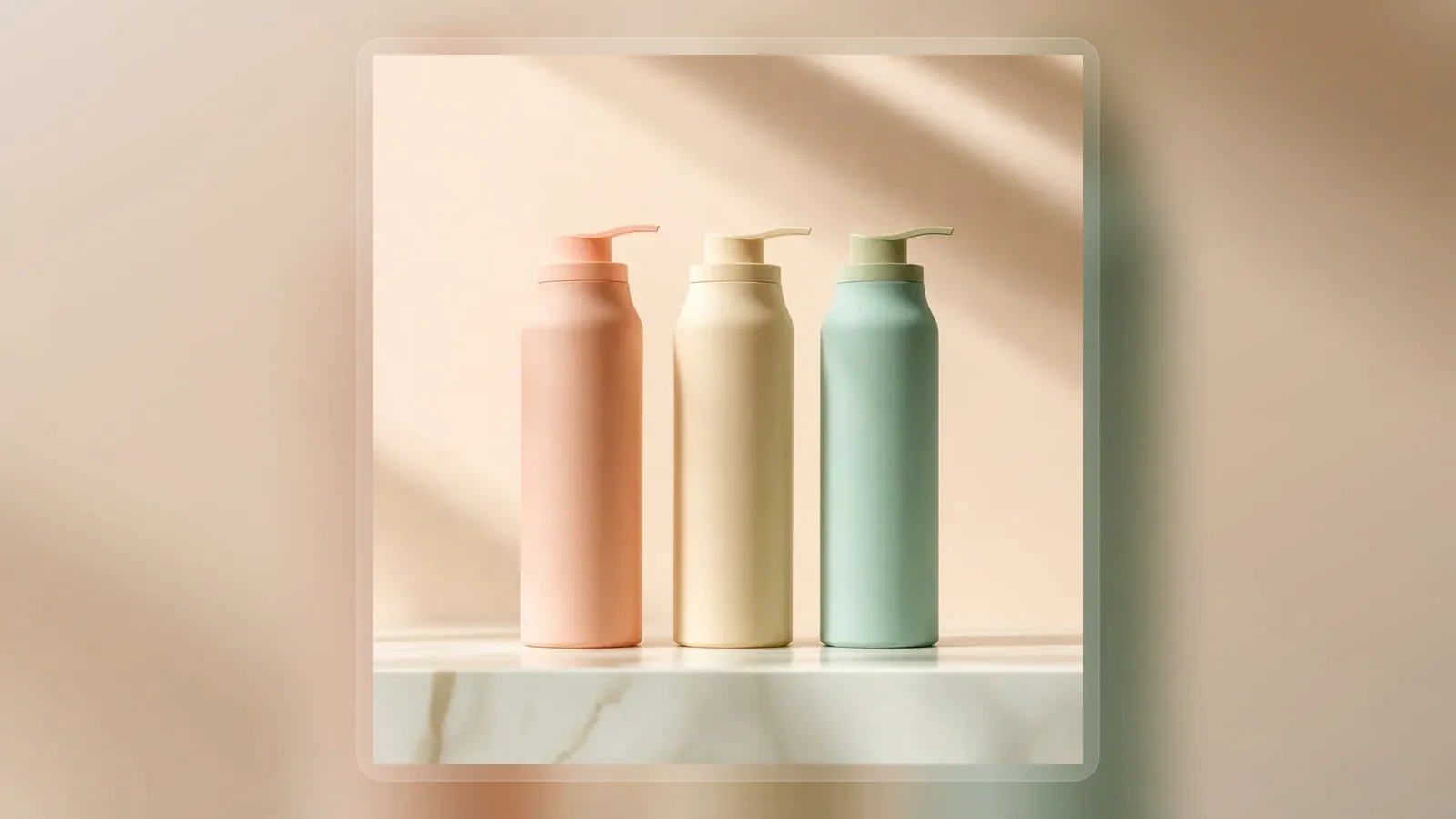 Pastel high moisture body wash bottles in three colors in wide presentation layout