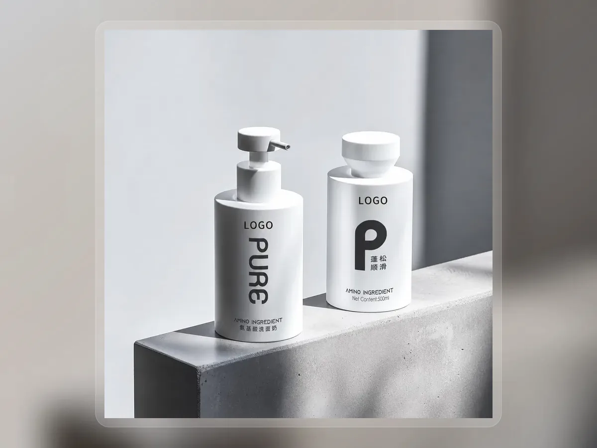 White leave in protein essence pump bottles on gray pedestal on premium extended background