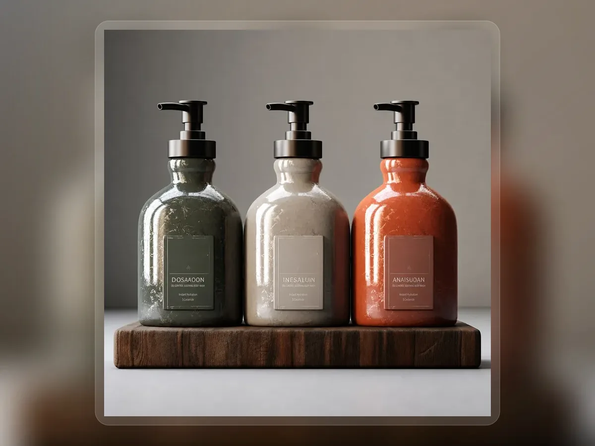 Black stone and orange oil control body wash bottles on premium extended background