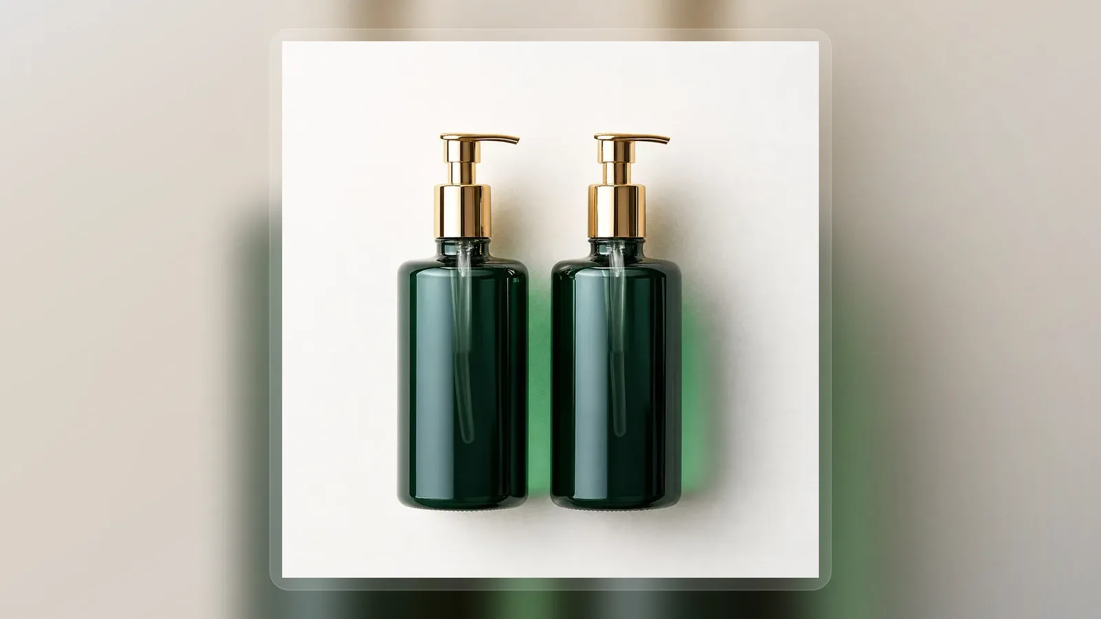 Dark green hair protein treatment pump bottles with gold pumps in wide presentation layout